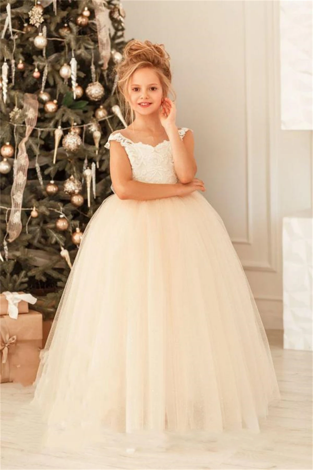 First Communion Gown Big Bow Long Sleeves Ball Gown White Bridesmaid Dress Girls Wedding Party Flower Girl Dresses Kids Pageant