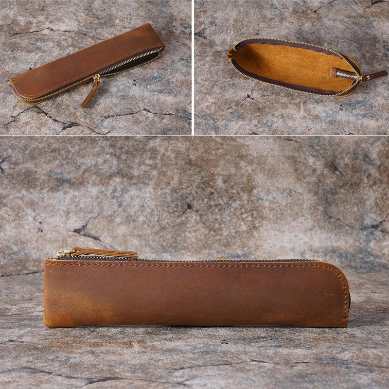 Genuine Cowhide Zipper Pencil Case Retro Leather Pen Bag Storage Pouch for Pens Stationery School Office Supplies 20*4.5cm