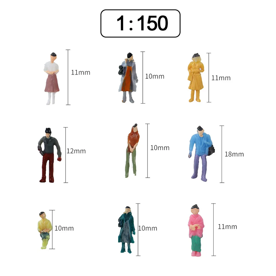 Lot de 50 figurines miniatures à l'échelle 1:50 - Figurines en plastique architecturales pour maison de poupée - Mini figurines peintes debout et assises