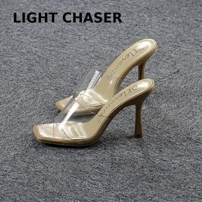 New Summer Women Shoes Square Toe Stiletto Women Sandals Transparent High Heel Sandals Women Slippers Sexy High Heel Slippers 43