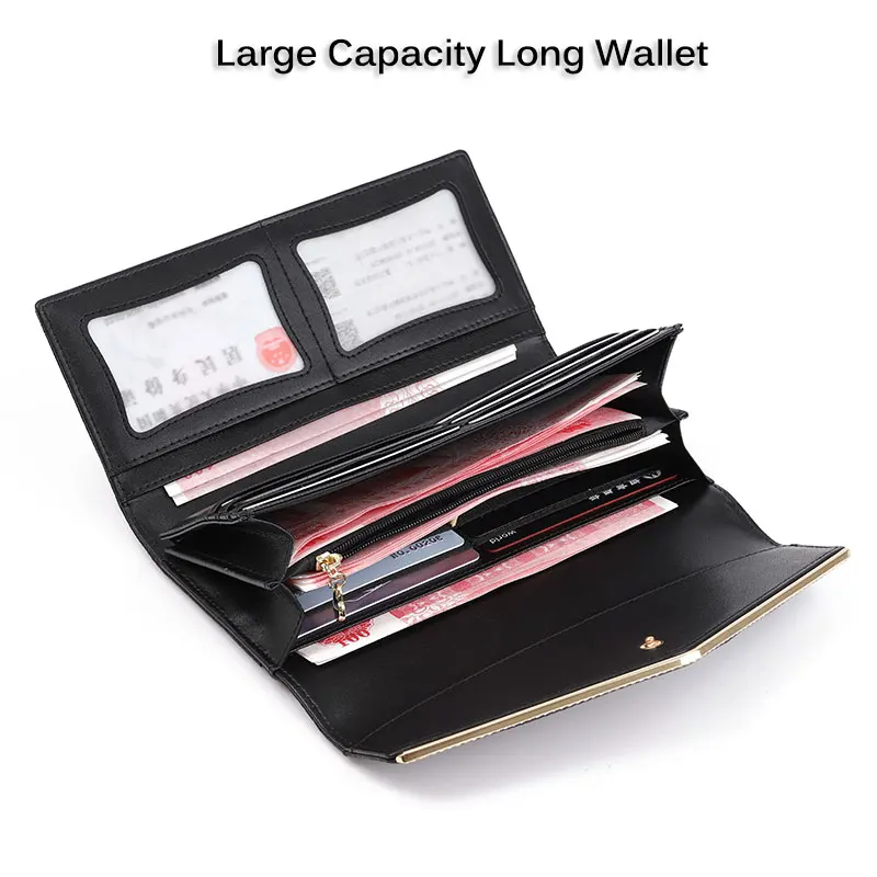 Fashion Luxury Design Genuine Leather Wallet for Woman RFID Blocking Trifold Long Cluth Multi Card Holder Organizer Ladies Purse