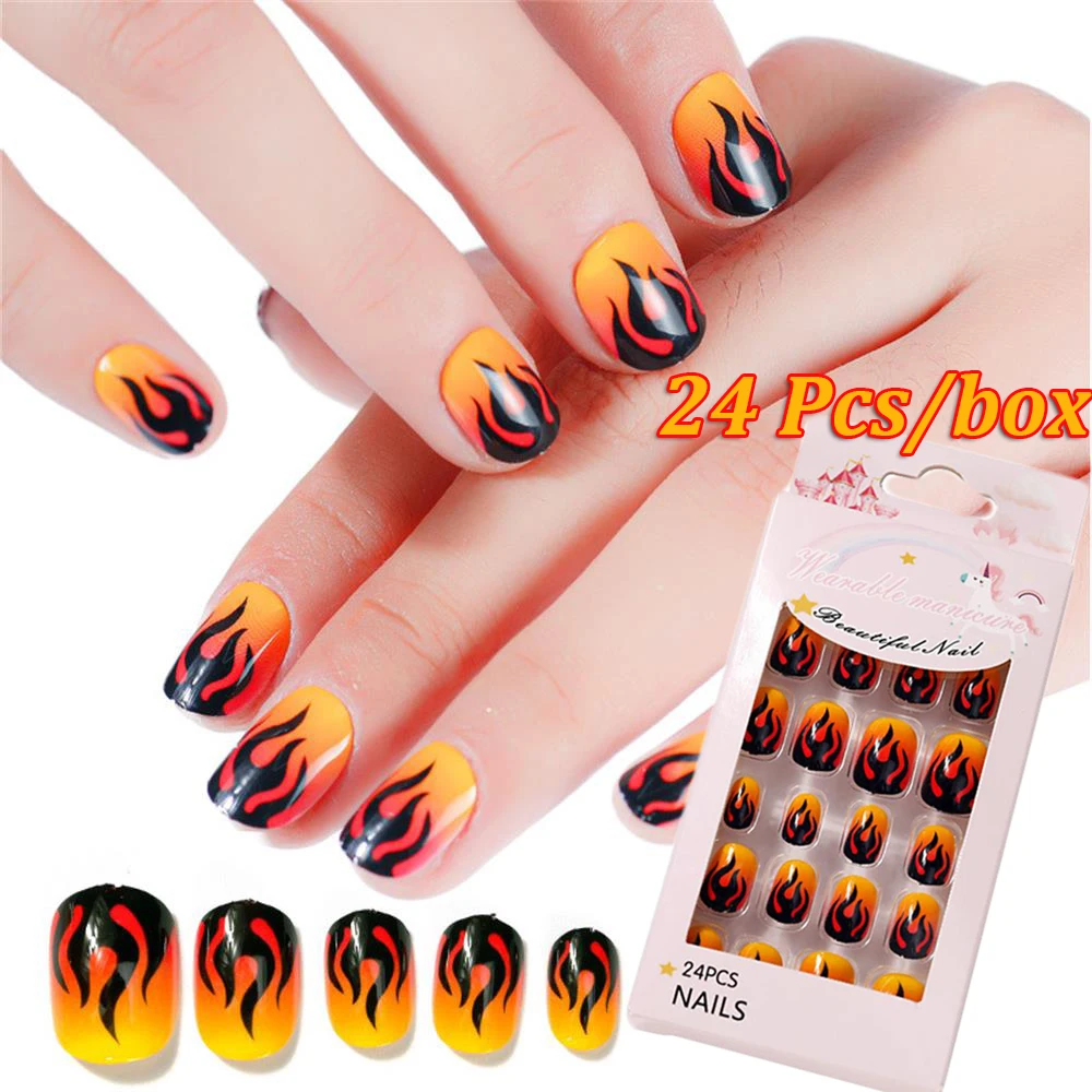 24 Pcs/set False Nail Tips Flame Full Cover Detachable Press on Nails Art Fake Nail Art for Kid Children Girls DIY Manicure Tips