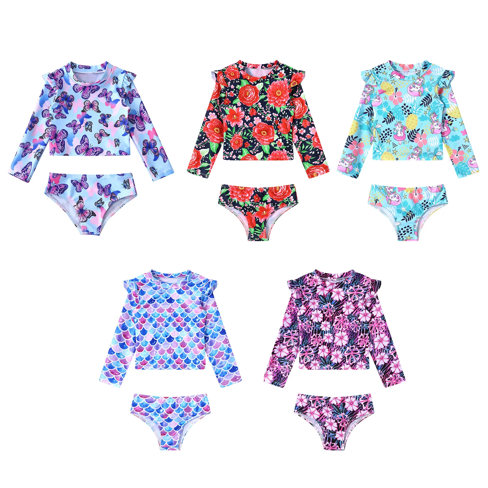 4-16 Years Kids Girls Swimsuits Swimwear Floral Print Long Sleeves Tank Vest with Bikini Triangle Briefs Beachwear Outfits