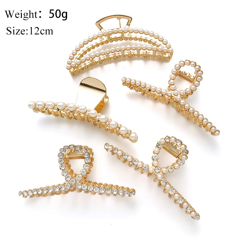 Korean Ladies Pearl Crystal Hair Claw Fashion Cross Metal Carb Hair Clips For Women Elegant Hair Accessories Hairgrips Hairpins