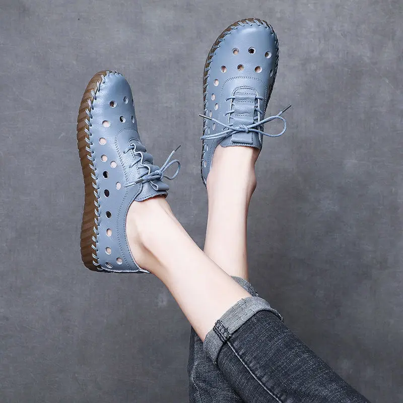 2021 Newest Designer Woman Flats Breathable Sew Oxford Sneakers Women Casual Lace Up Split Leather Hollow Moccasins Loafer Shoes