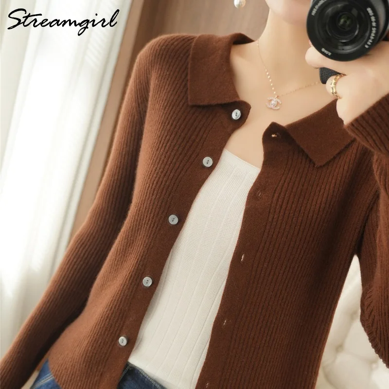 Polo Collar Cardigan Women Winter Long Sleeve knitting button Jackets Women\'s Winter Coats 2021 Autumn Brown Cardigan Knitted