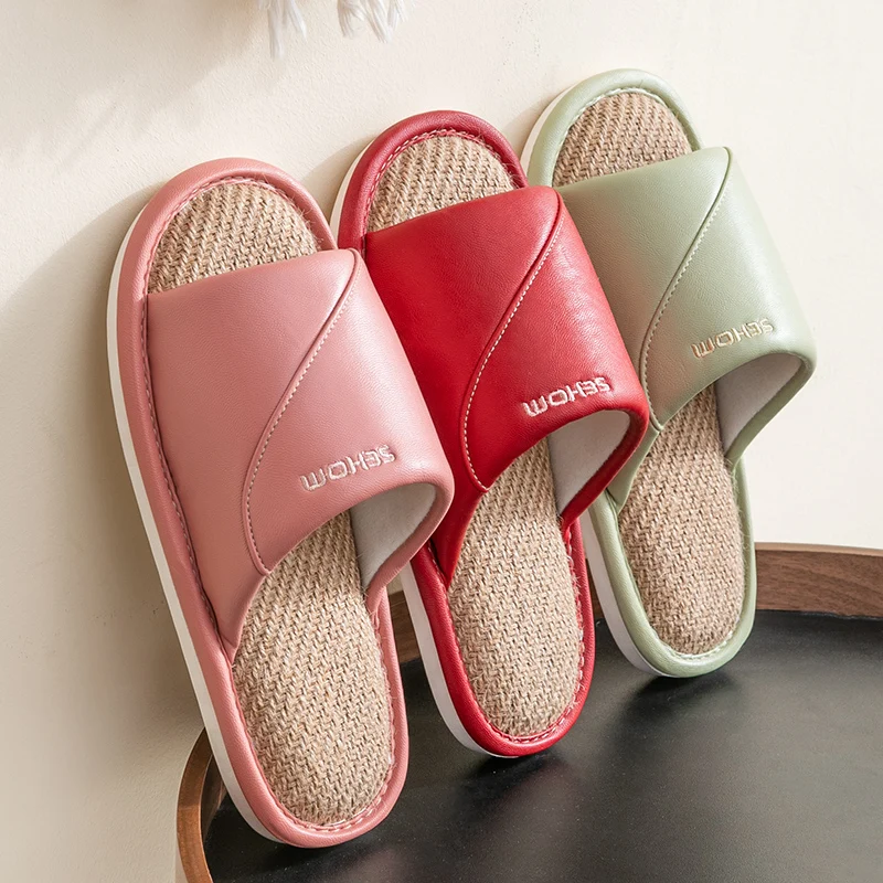 Leather Slippers Female Quiet Home Four Seasons Indoor Prevent Absorb Sweat Linen Cotton Slippers Male Modern Slippers Summer