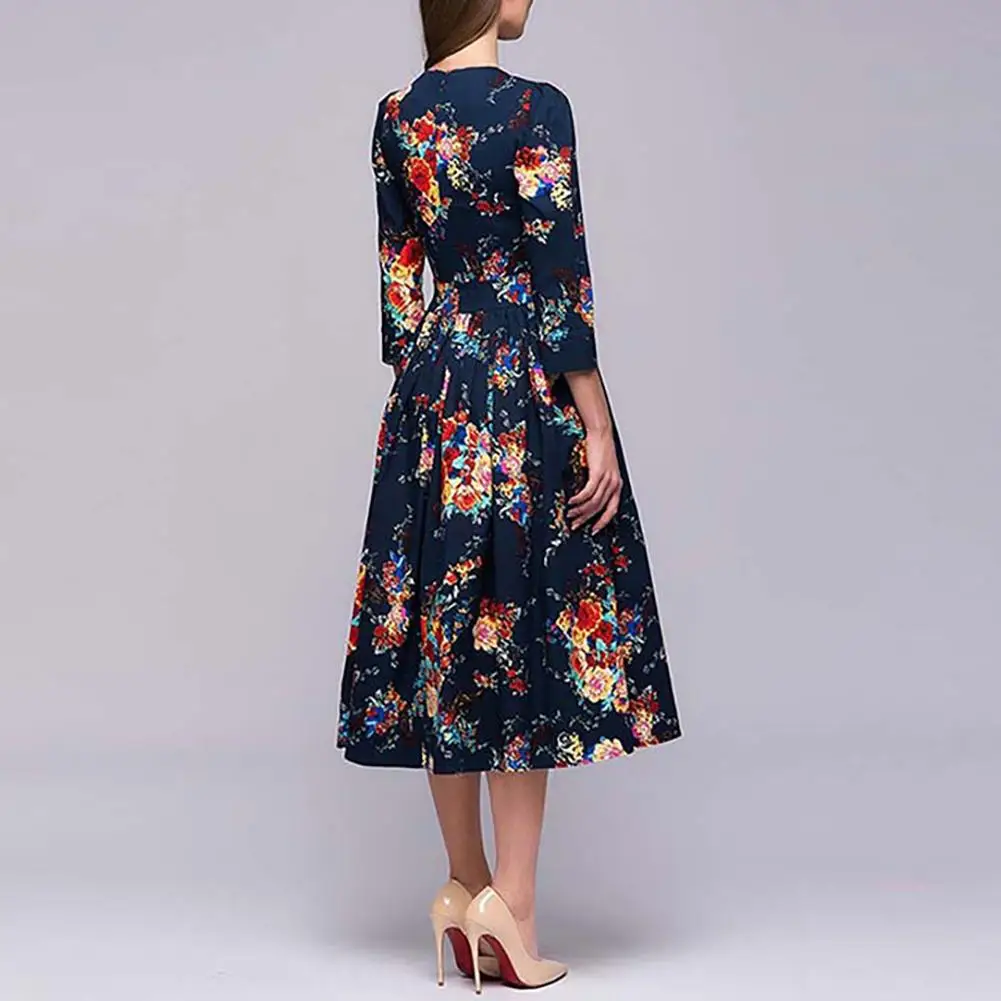 Women Dress Elegant Vintage Floral Print O Neck Long Sleeve Lace-up Waist Flared Loose A Line Midi Dresses Party