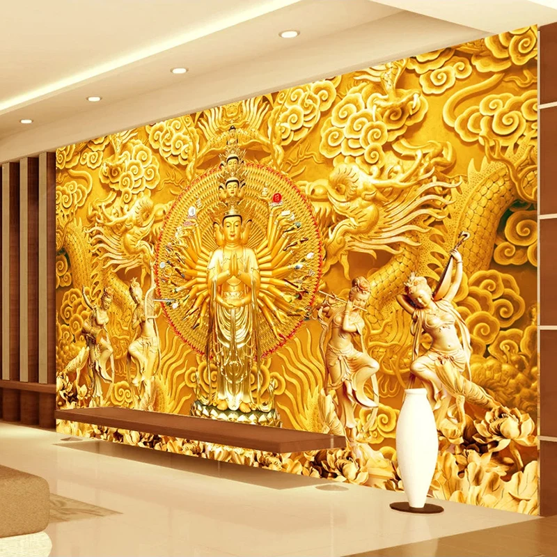 

Custom Photo Wallpaper For Roll 3D Stereoscopic Golden Statue Hotel Hall Living Room Wall Art Mural Home Decor Papel De Parede