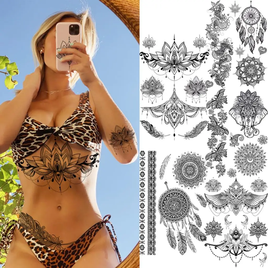 Black Henna Lotus Pendant Temporary Tattoos For Women Adult DreamCatcher Elephant Fake Tattoo Body Art Underboob Tatoos