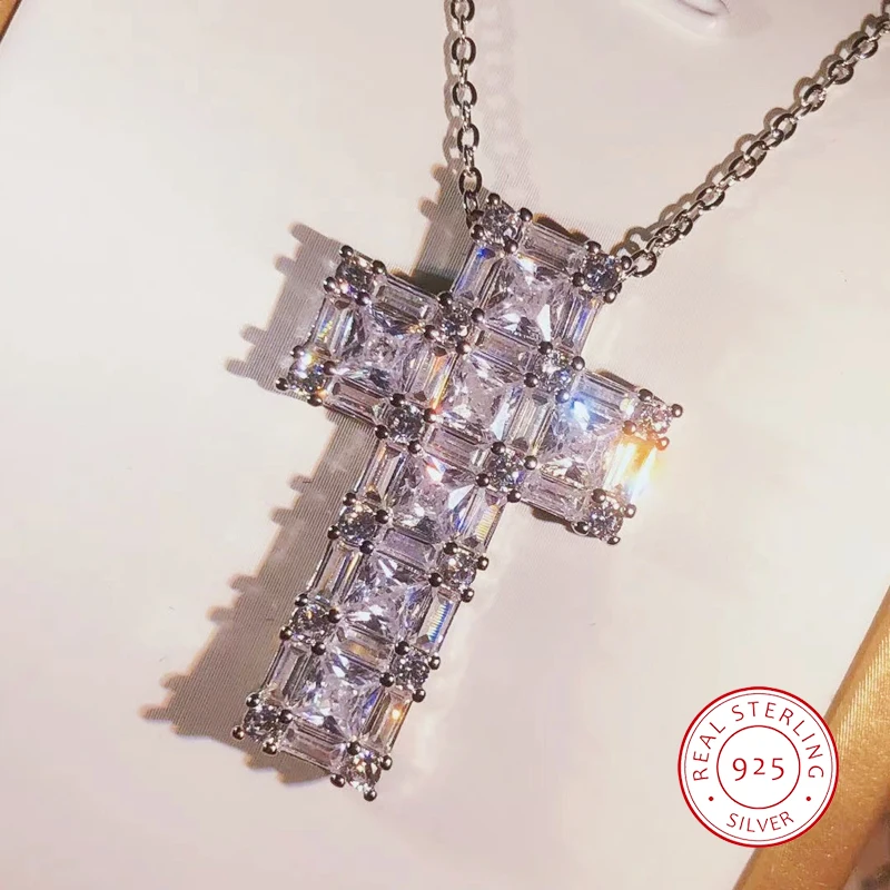 Vintage Cross Pendant AAAAA Cz Stone 925 Sterling Silver Hiphop Pendant Necklace For Women Men Party Wedding Jewelry