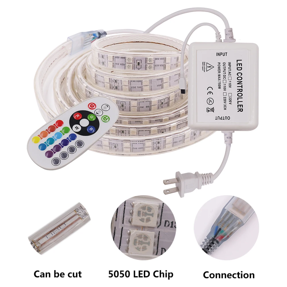 120 Led 5050 Taśma LED 220V 230V RGB 24KEY Zestaw zdalnego sterowania Wodoodporna taśma LED Elastyczna wstążka Dekoracja domu Światła linowe