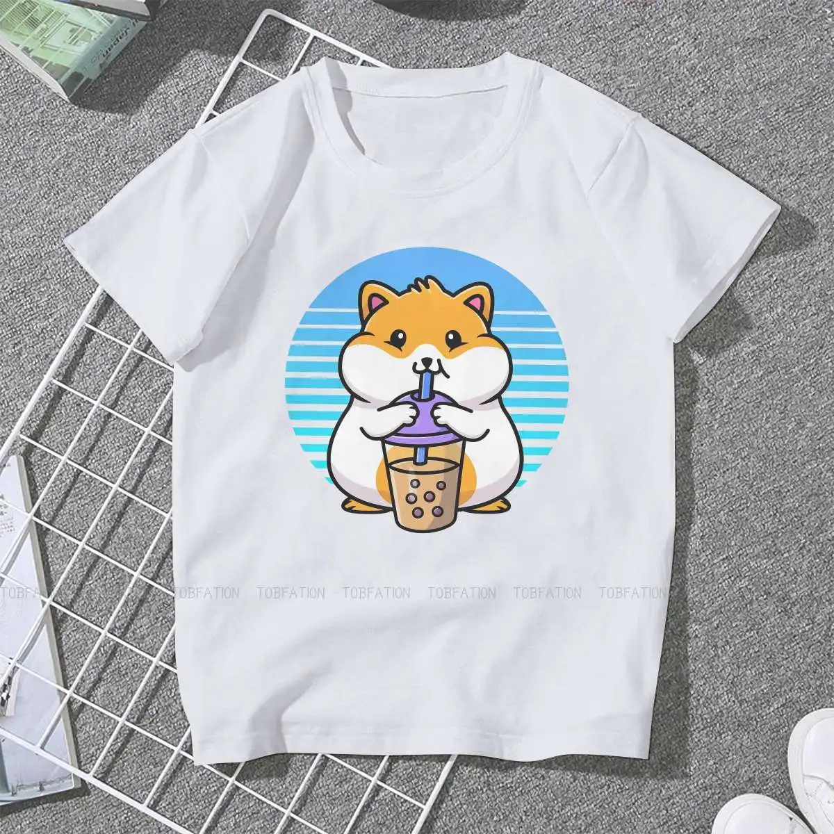 Kawaii Cute Boba Hamster Essential Women Tshirts Bubble Tea Lover Grunge Vintage Female Clothing Loose Cotton Graphic Clothes