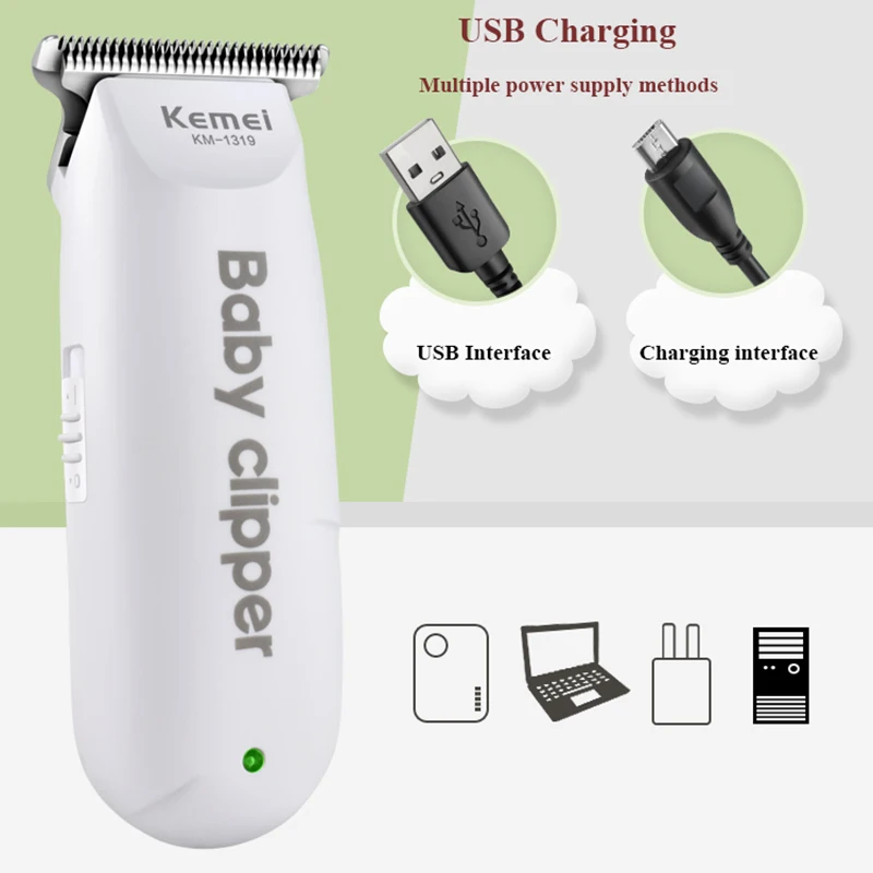 Kemei KM-1319 Baby Hair Clipper Professional USB Hair Trimmer Rechargeable Haircut Machine with 3pcs Limit Combs