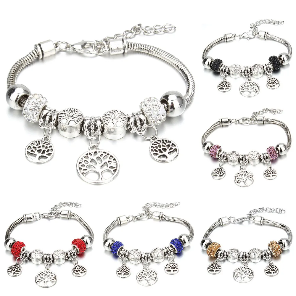 Antique Original Tree of Life Shape 6 Colors Charm Bracelets for Women Rhinestone Beads Bracelet & Bangle DIY Jewelry Gifts