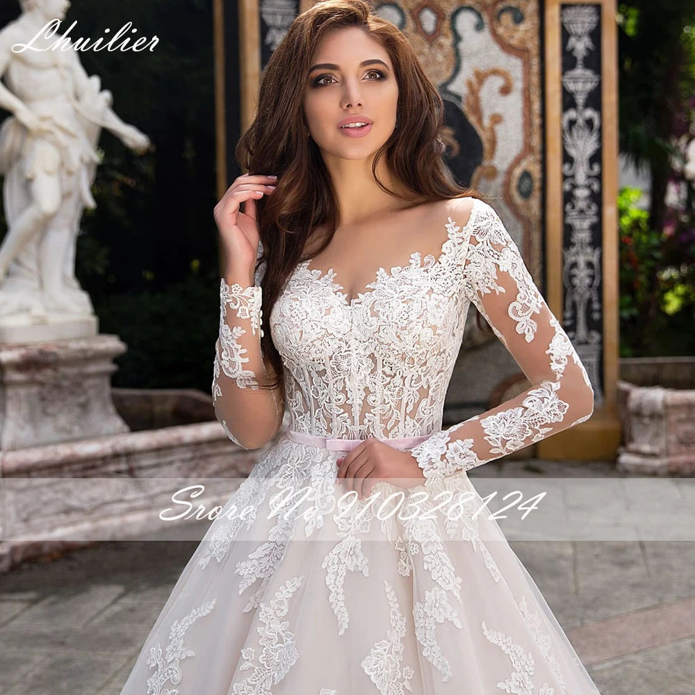 Lhuilier a linha colher pescoço mangas completas vestidos de casamento do vintage rendas apliques até o chão tule vestidos de noiva com cinto