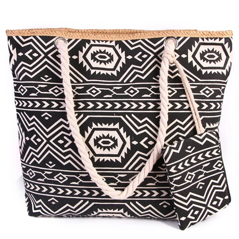 Bolso de mano de lona para mujer, bolsa de mano de lona de 2 piezas, a rayas de colores, de gran capacidad, estilo bohemio, informal, para la playa, novedad de 2022