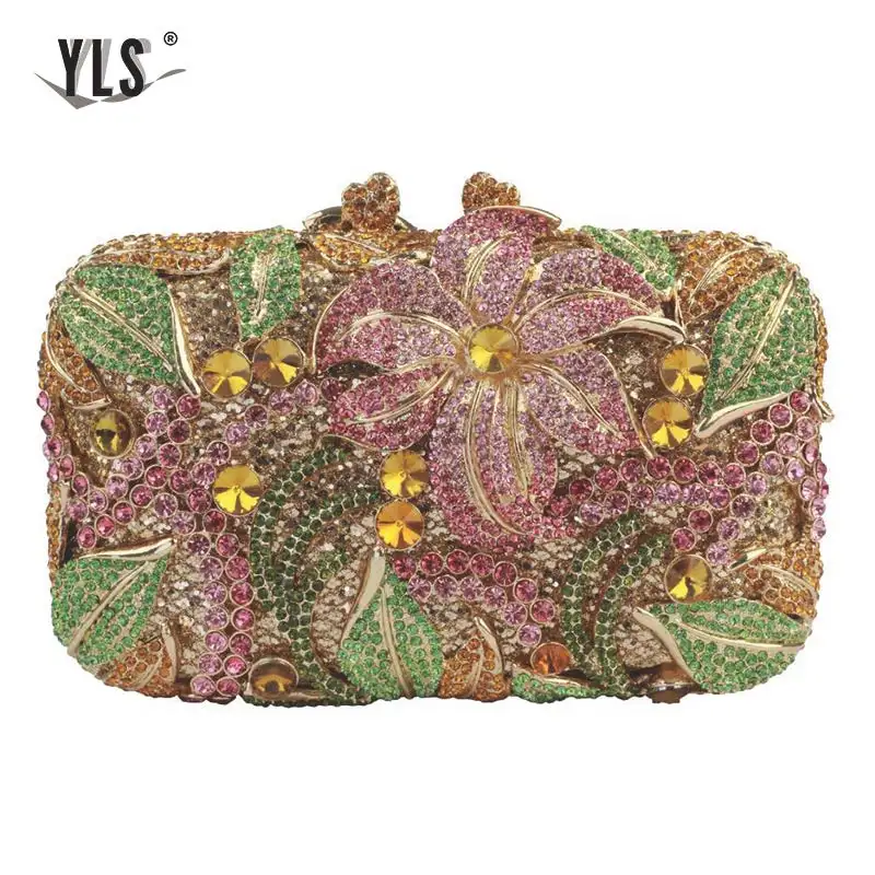 Luxury Crystal Women Clutch 3D Flower Party Evening Bags Purse Ladies Pink Silver Gold Diamond Handbag For Wedding 12 Color