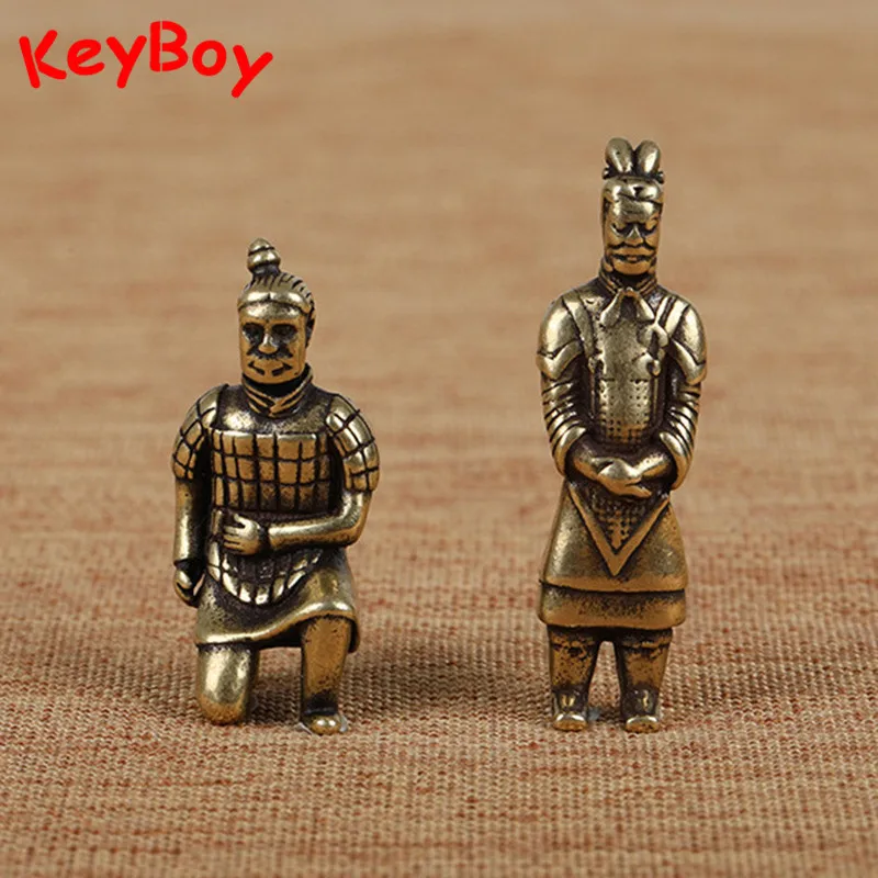 Vintage Brass Mini Terracotta Army Samurai Figurines Key Chain Pendant Ancient Chinese Soldier Officer Men Decorations Jewelry