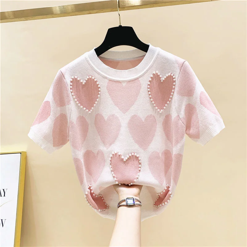 Plus Size 5XL Summer Short Sleeve Love Jacquard Knitted Tops Women's O-Neck Korean Beaded Pearl T-shirt Elegant Knitwear Tees