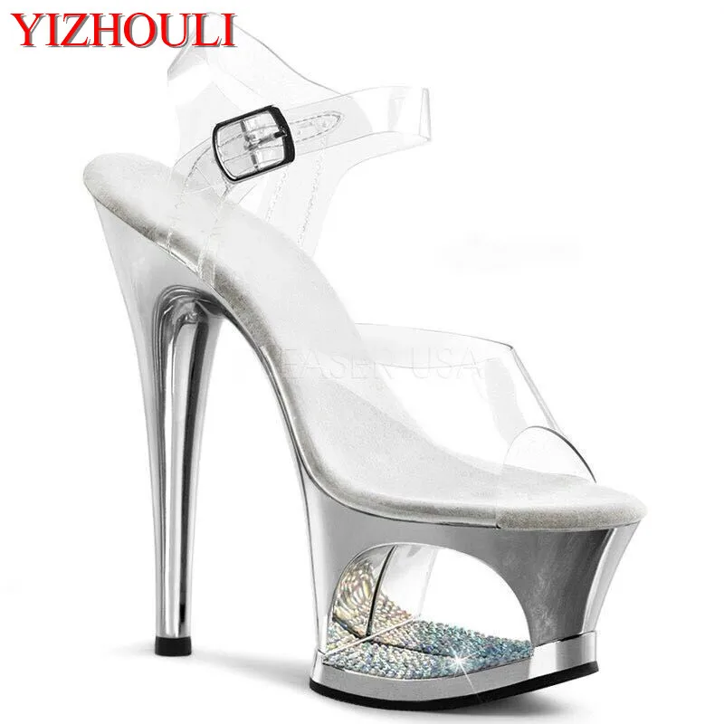 17 cm electroplated hollow waterproof platform with high-heeled buckle sandals, stage show dancing shoes