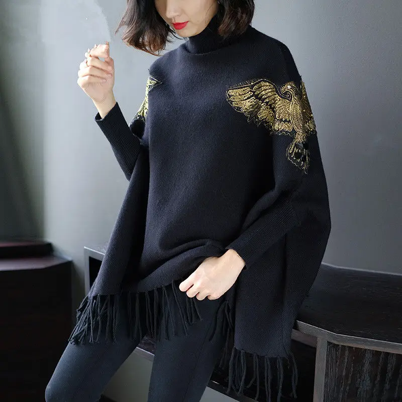 Black Lazy Wind Loose Turtleneck Sweater Poncho Female Bat Sleeve Fringed Knitted Sweater Poncho Pullover Women Spring Autumn