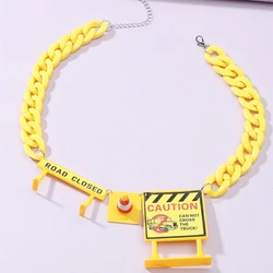 Punk Traffic Signs Construction Roadblock Necklace for Women Personality Yellow Long Chians Link Necklaces Fashion Jewelry Gifts