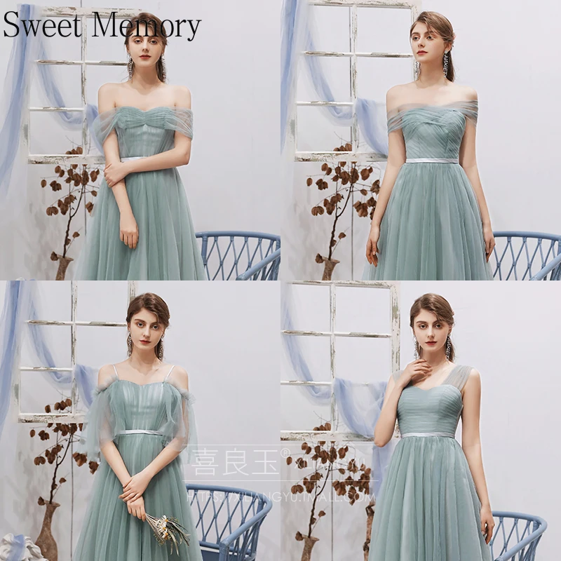 Aqua Green Light Gray Pink Bridesmaid Dresses Sweet Memory Women Tulle Party Dress Plus Size Vestido Formal Gown