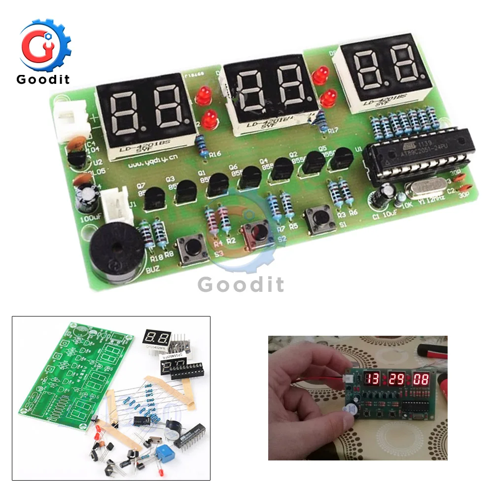 Digital Clock DIY Kit 6 Bits C51 AT89C2051 Chip Electronic Alarm Clock Kit FR-4 PCB with DIY Learing Kit for Arduino