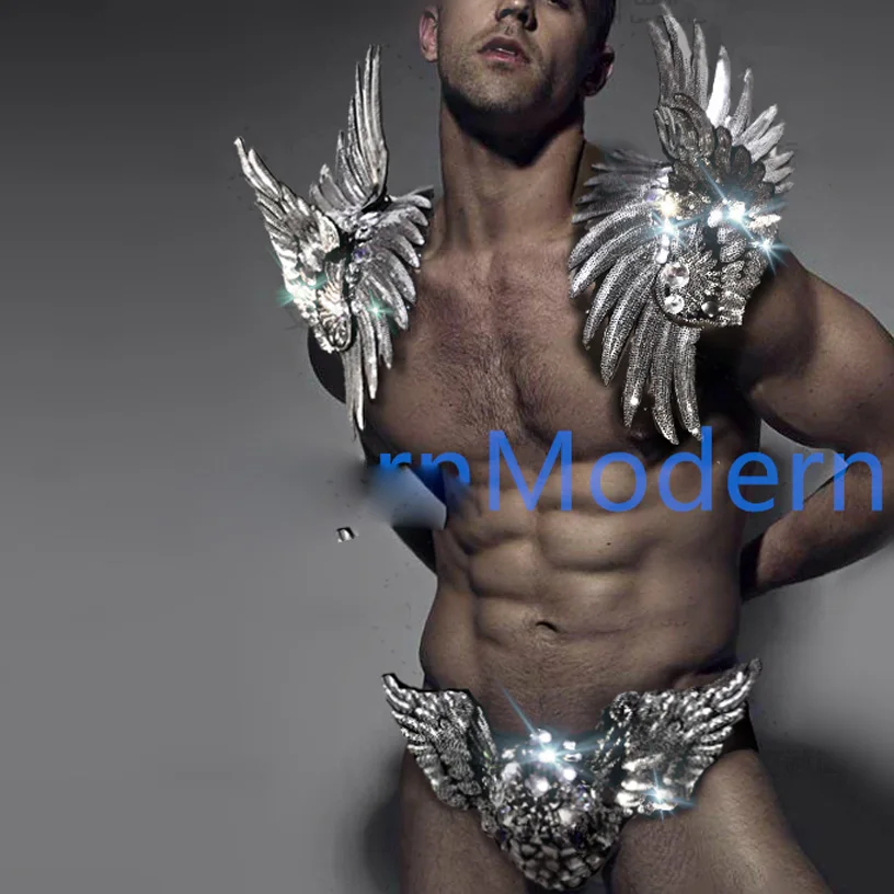 Sexy Mannen Model Catwlak Kostuum Sparkly Angel Outfit Vleugels Danser Stage Show Celebrity Runway Burning Man Party Show Slijtage