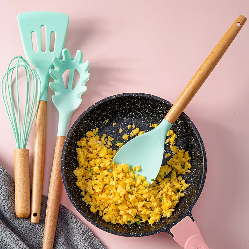 Wooden Handle Silicone Kitchenware Cooking Tools Pot Flat Shovel Soup Spoon Leaky Spoon Fried Shovel 11 Pcs Healthy Material