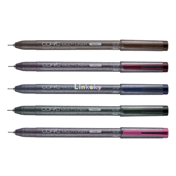 Copic Markers Multiliner Pigment Based Ink,0.03mm(Extra fine)/0.05mm/0.1mm,,Brown,Pink,Olive green, Cobalt blue,claret