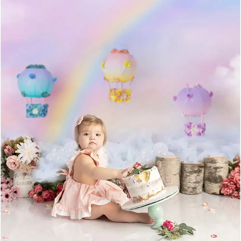 Hot air balloon rainbow newborn children Cake Smash Portrait Backdrop for Photography Studio Blue Sky Clouds photo background