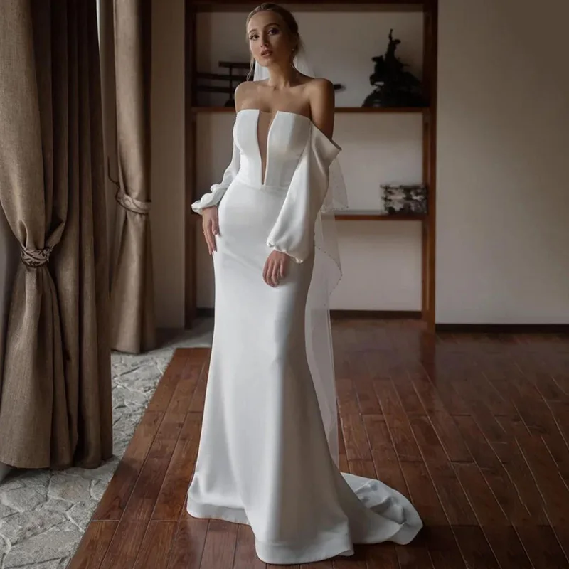 Vestido de novia blanco de manga larga, ropa de novia de costura sin tirantes, Simple, 2021