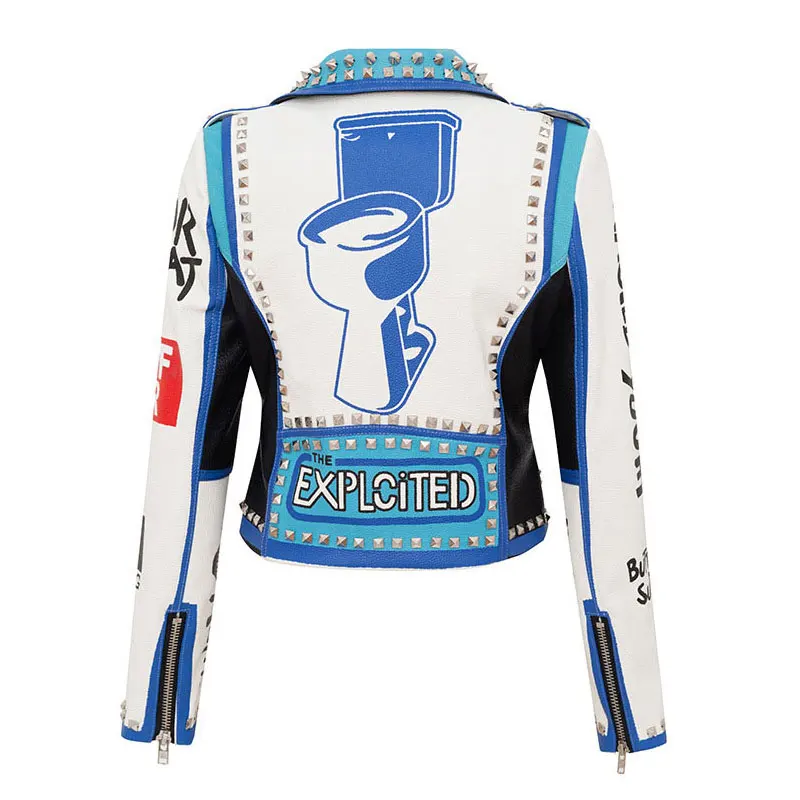 Women Spring Funny Printing Punk Rock Leather Jacket with Belt Rivet White Graffiti Moto Biker Clothing