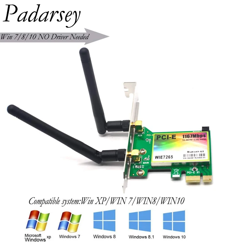 Padarsey 7265 PCI-e Wireless Network Card Dual Band 2.4GHz/5GHz Bluetooth 4.0 WLAN WiFi Adapter Windows XP Win7 Win8 Win8.1Win10