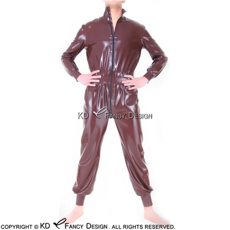 Brown Sexy Latex Catsuit With Front Zipper Cuff Narrowing Rubber Bodysuit Overall Zentai Body Suit LTY-0122