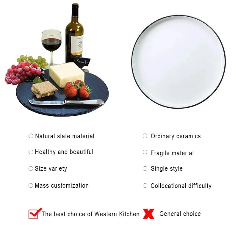 YMEEI Round Natural Black Stone Slate Western Steak Plates Slate Dinner Plate Kitchen Cheese Pizza For Home Food