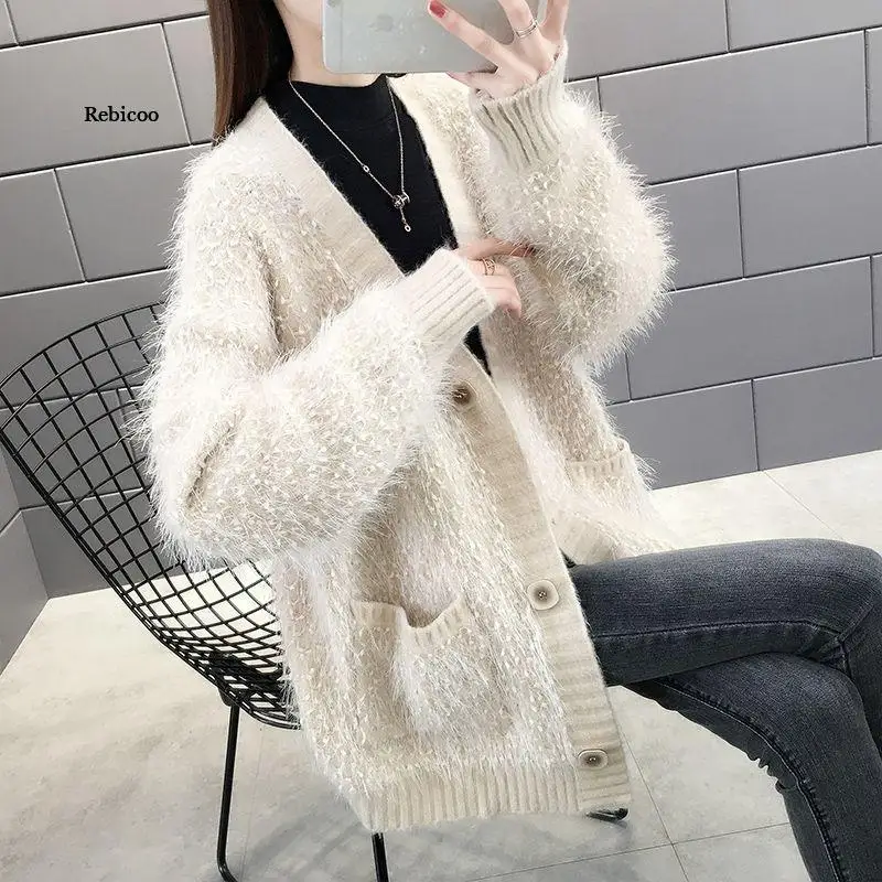 Women\'s Spring New V-Neck Knit Cardigan Imitation Mink Fleece Loose Long-Haired Sweater Jacket