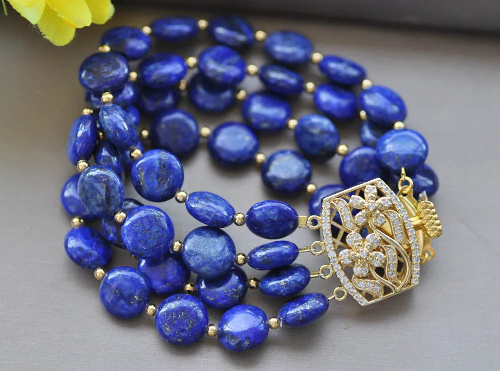 

Z10077 Natural 4Row 8" 12mm Blue lapis lazuli Coin Bracelet CZ