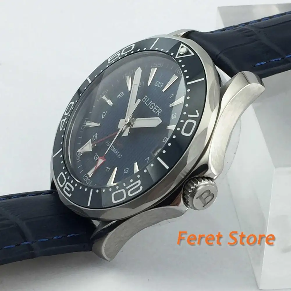 BLIGER 41mm Blue Dial Date Window GMT Function Sapphire Glass Self Winding Men Wristwatch Leather Strap Ceramic Bezel