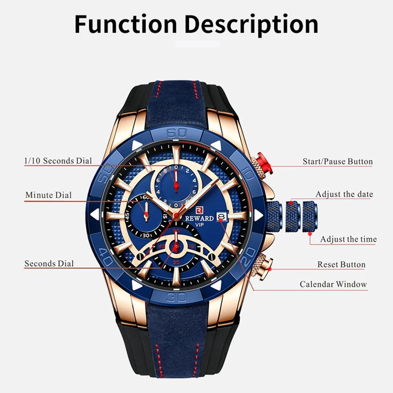 REWARD Fashion Men Quartz Wristwatch Silicone Band Alloy Case Waterproof Watches Luminous Chronograph Date Wrist Watches