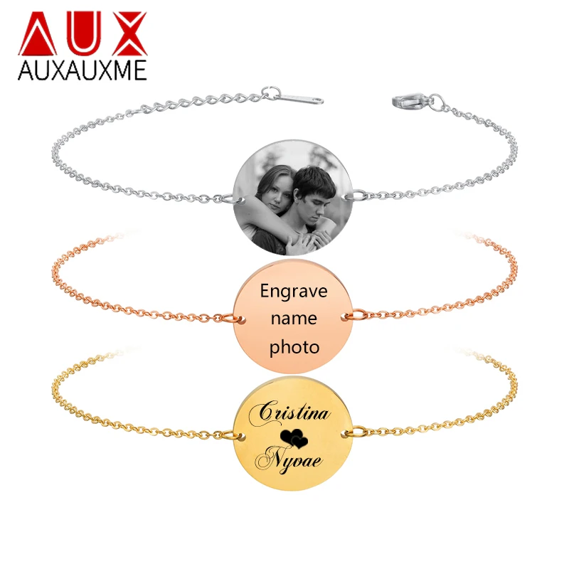 Auxauxme Custom Laser Engraved Photo Name Round Bracelets Stainless Steel Personalized For Parents Couple Kids Jewelry Gifts