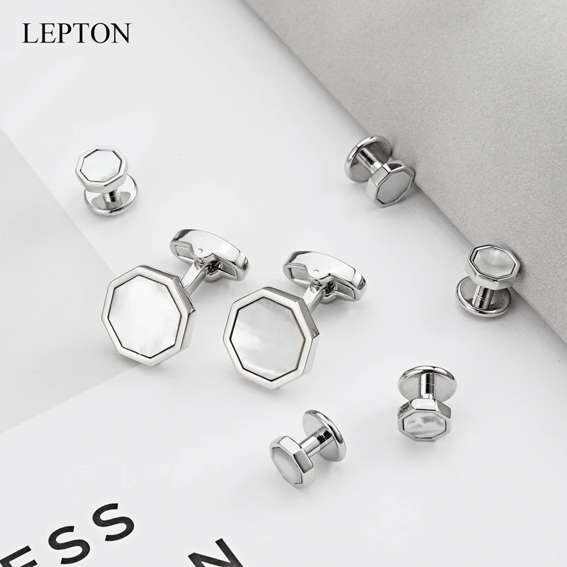 Lepton Mother of Pearl Cufflinks tuxedo studs Sets Fashion Shell Cufflink Collar Studs Cuff links Men Jewelry Drop Shipping