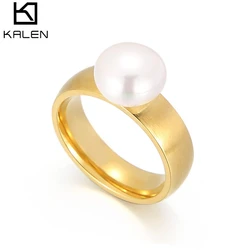 Kalen Fashion Anillos White Simulated-Pearl Rings For Women Gold Color Stainless Steel Wedding Bands Finger Party Jewelry