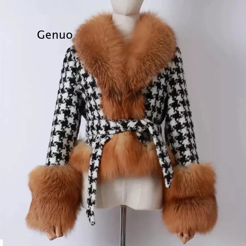 Faux Fur Collar Jackets Women Fashion Tie Belt Waist Coats Women Elegant Slim Houndstooth Short Jackets Female Ladies Abrigo