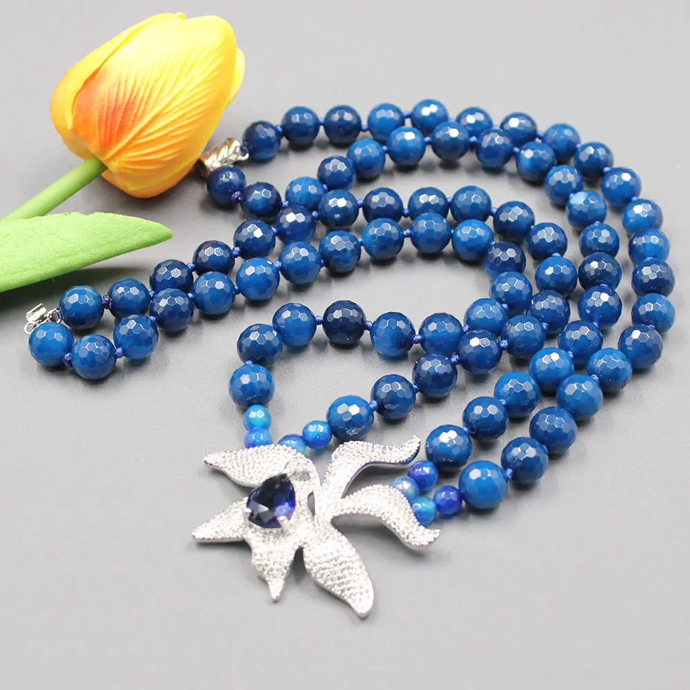 GuaiGuai Jewelry 19\'\' 2 Rows Natural Blue Agate Necklace CZ Flower Pendant For Women