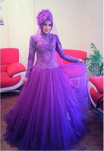 Style Purple Lace Long Sleeves Muslim Arab Bridal Gowns From Turkey 2018 beaded Colored ball gown Mother of the Bride Dresses