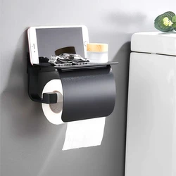 Black Space Aluminum Toilet Paper Holder with Cover Shelf, Wall Mounted Bathroom Tissue Roll Dispenser with Phone Storage Shelf