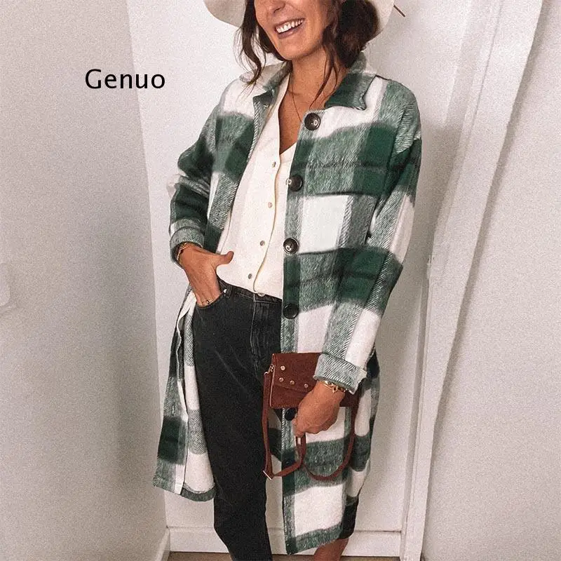 

2021 New Women Oversized Coat Long Checked Casual Fashion Chic Women Jackets Long windbreaker Outfits